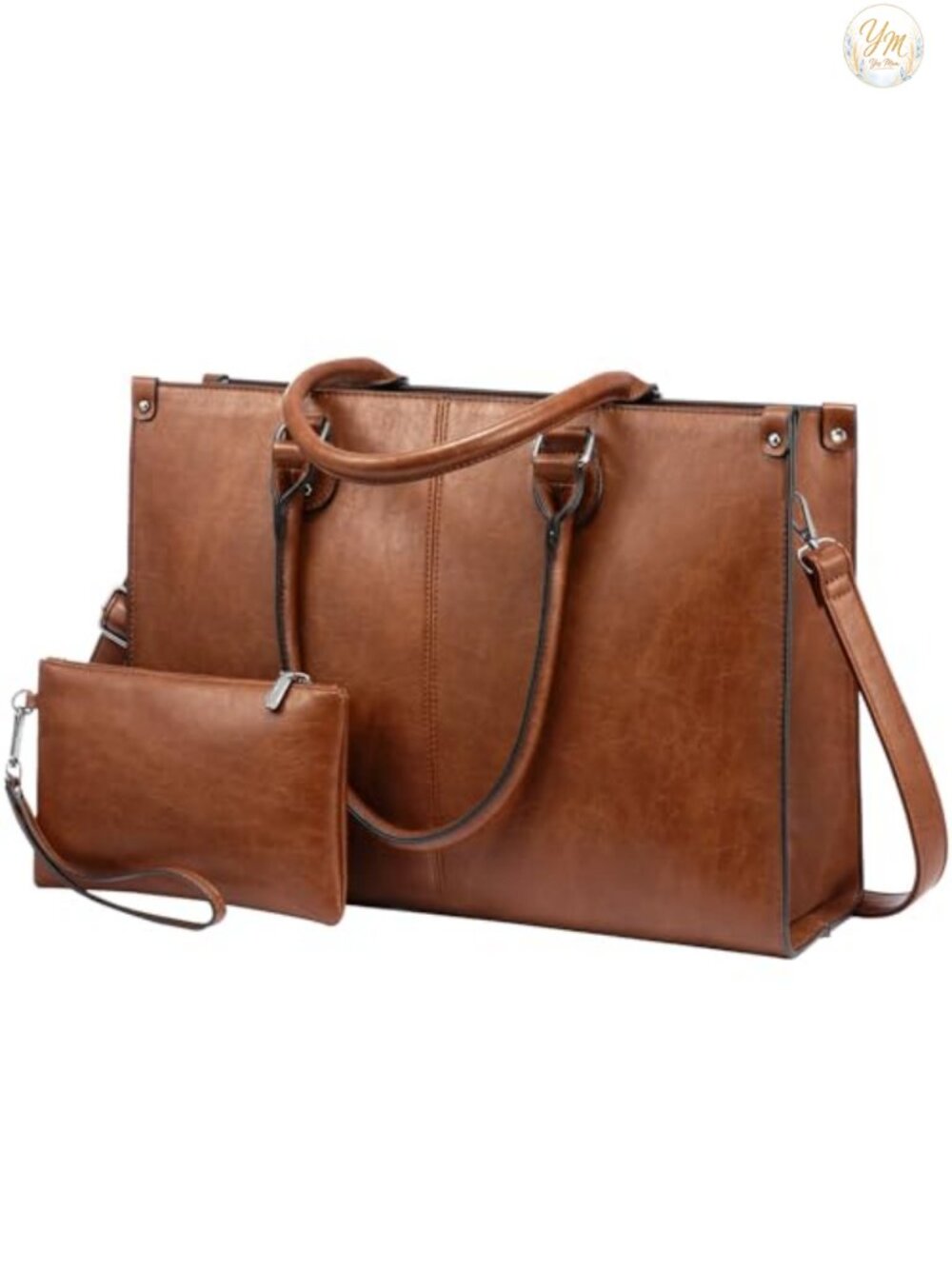 Vintage PU Leather Laptop Tote with Matching Clutch, 15.6 Inch Office Work Bag